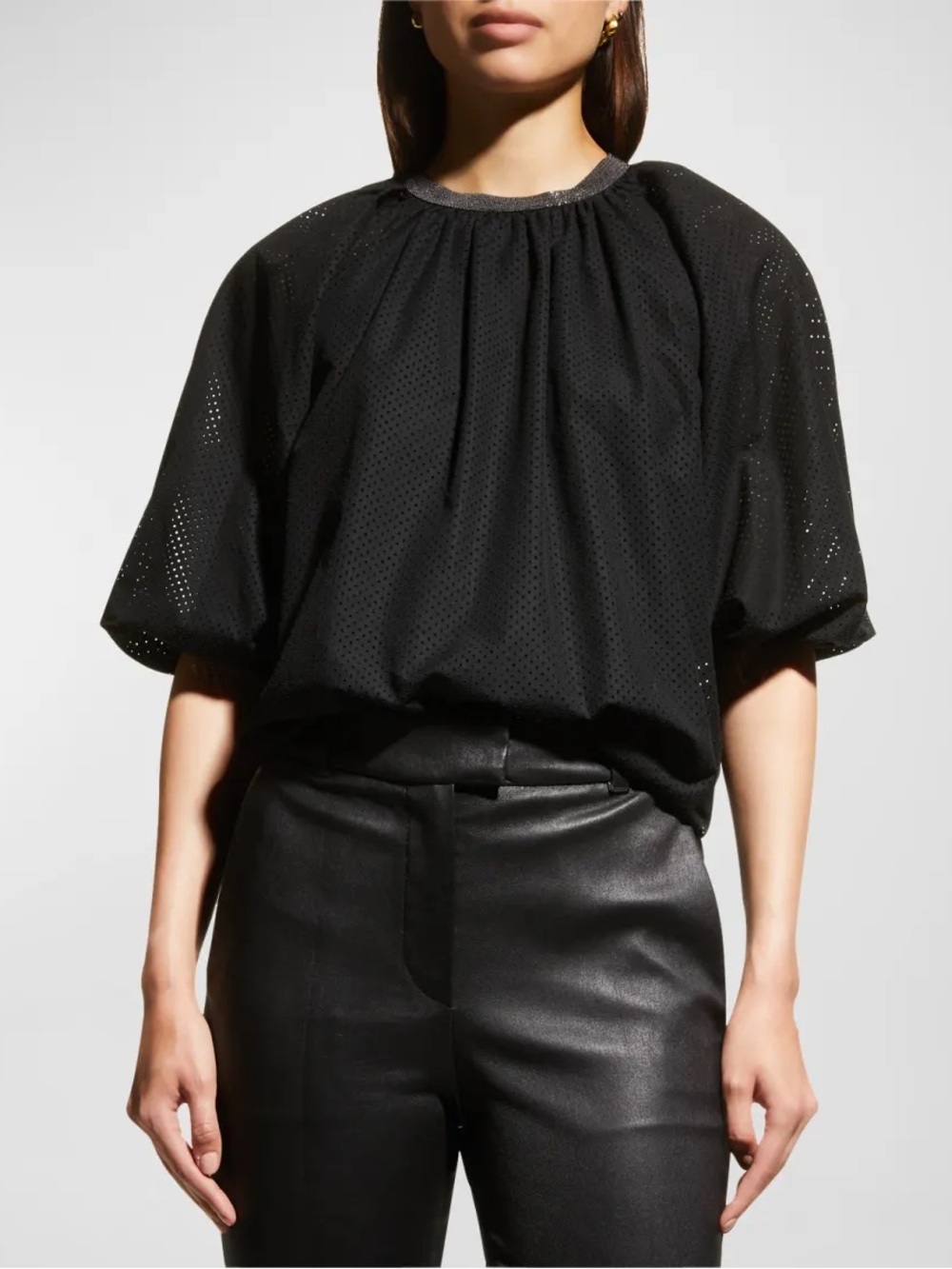 Brunello Cucinelli Black Eyelet Balloon-Sleeve Tunic